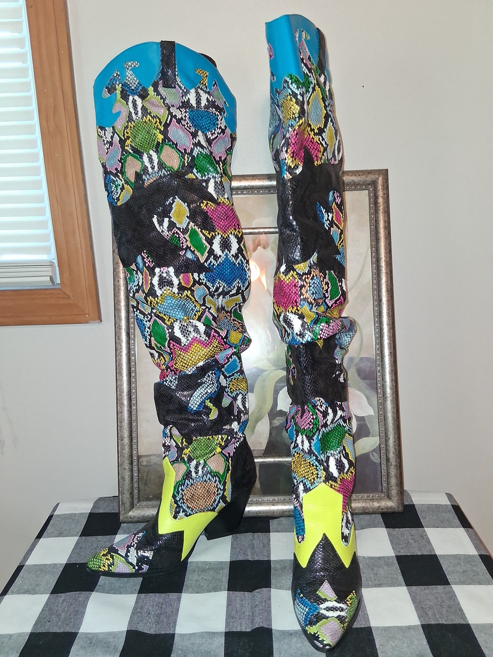 Vibrant Multicolor Snake-Print Knee-High Women's Boots